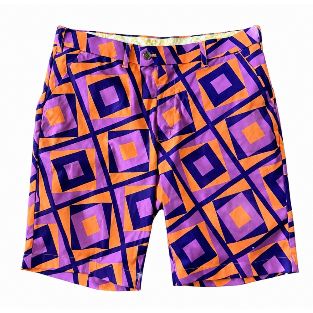 Loudmouth Golf Shorts Men 36 Pink Orange Geometric Retro Mod Stretch 11" Bermuda